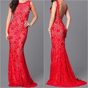 Jovani Long Red Lace Dress with Sequins